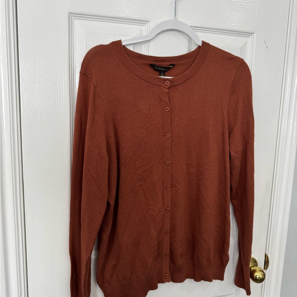 DownEast Rust Orange Button-Up Crewneck Cardigan